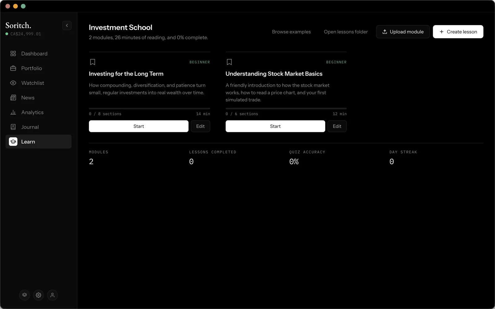 The Investment School page with lesson cards and progress stats