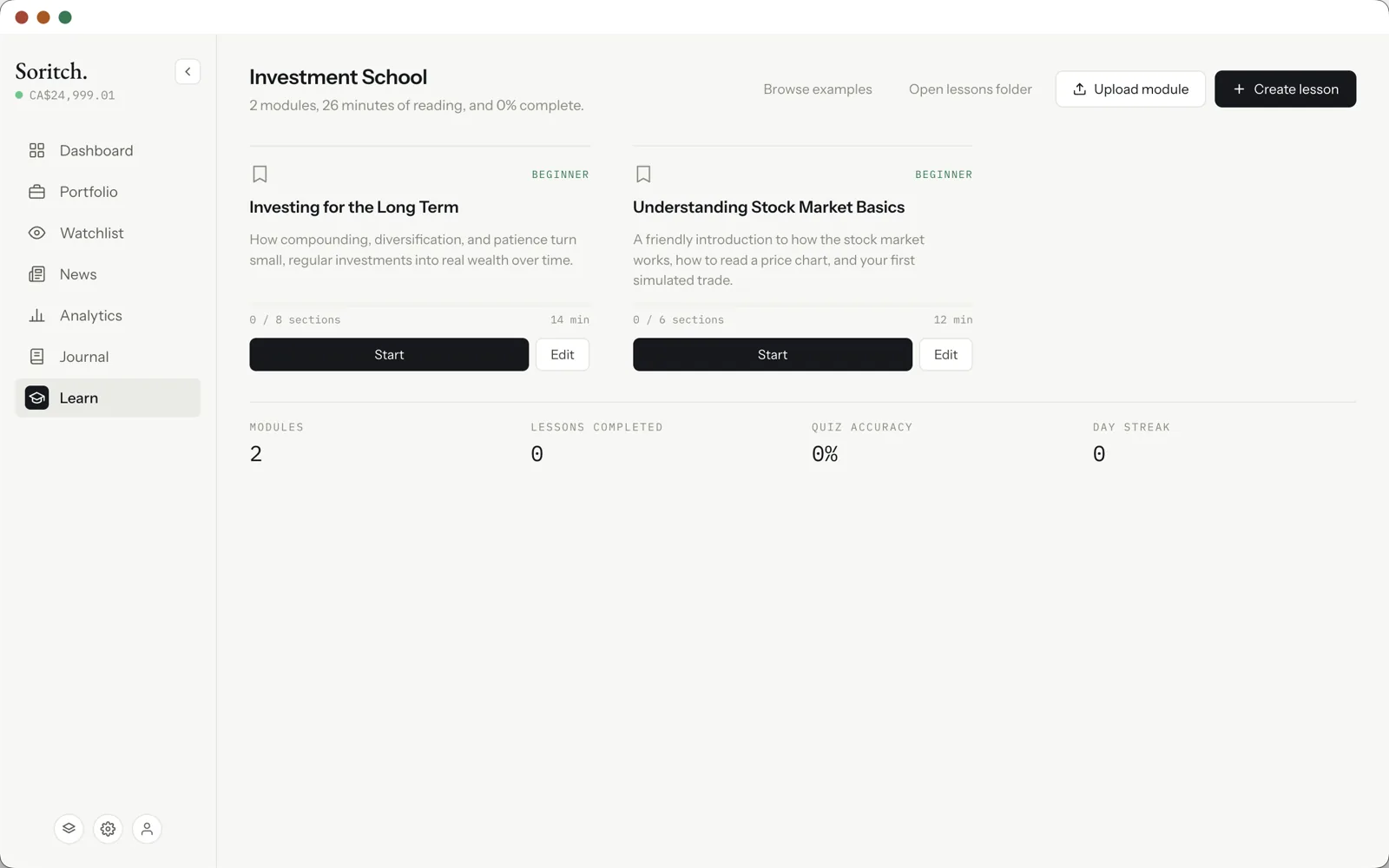 The Investment School page with lesson cards and progress stats
