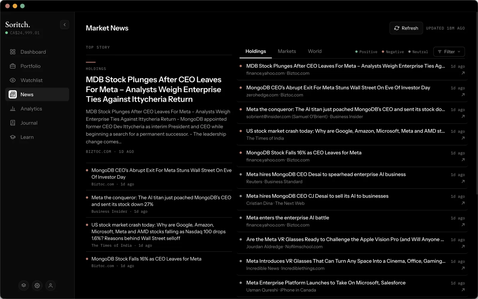 The News page with a top story and a list of headlines