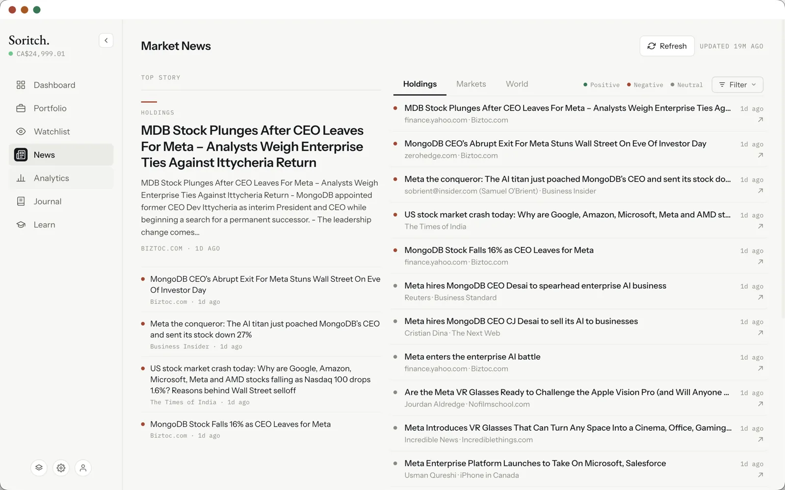 The News page with a top story and a list of headlines