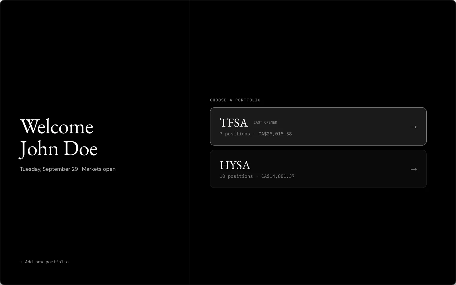 The splash screen listing two portfolios to choose from