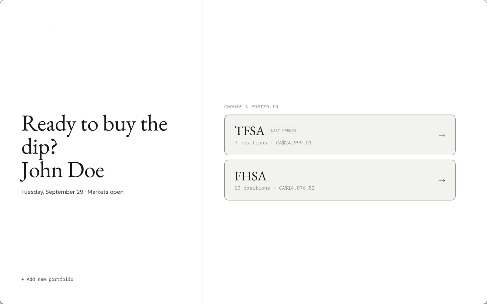 The splash screen listing two portfolios to choose from