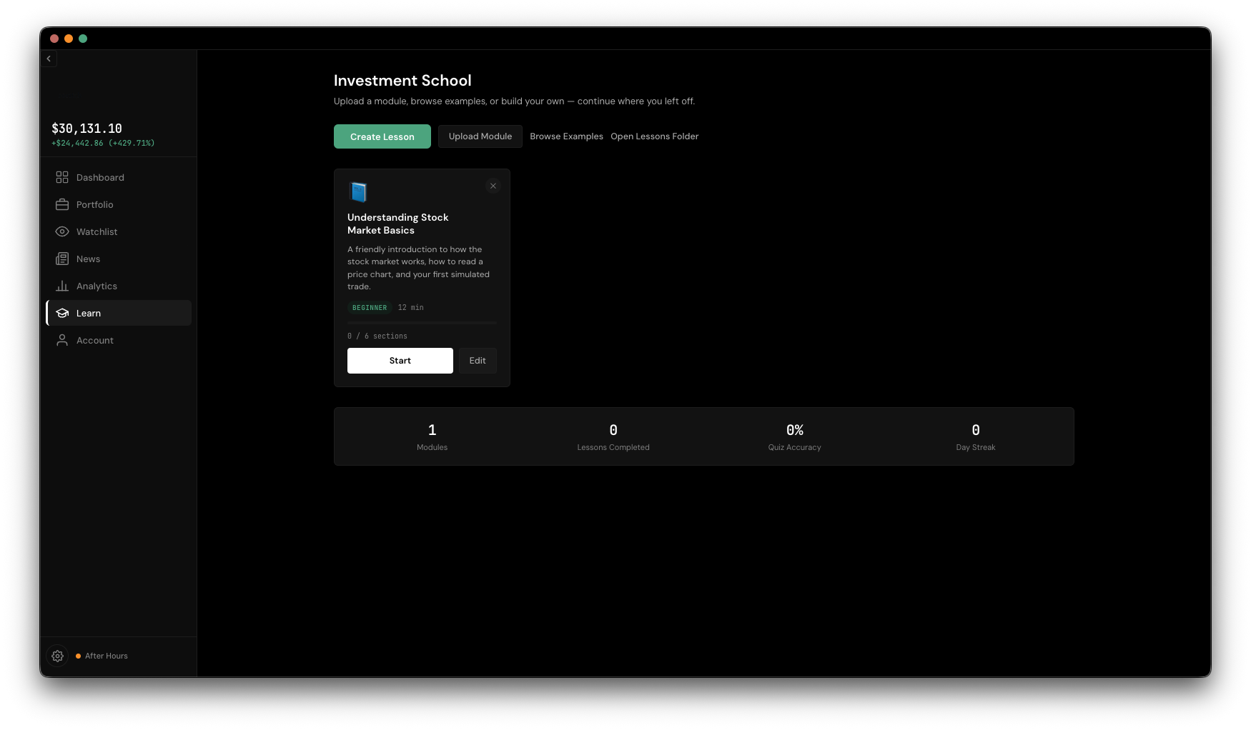 Soritch Investment School screen with lesson modules and progress tracking