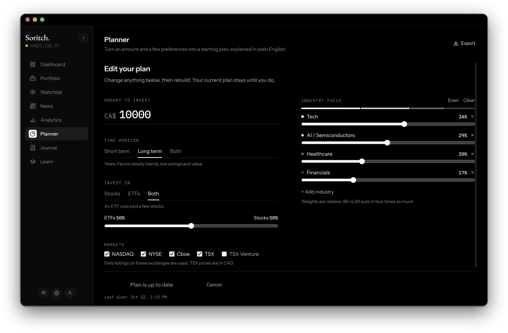 Planner form with an amount, time horizon, ETF and stock mix, markets and industry focus sliders